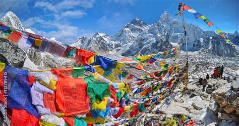 View of Mount Everest and Nuptse with buddhist prayer flags from kala ...