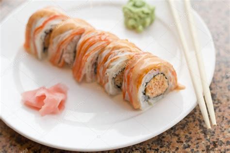 Spicy Crab Sushi Roll — Stock Photo © ezumeimages #90518652