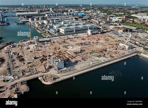 A general aerial view of Bramley-Moore Dock during the construction of a new stadium for Everton ...