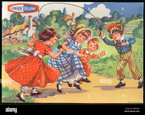 A charming illustration from a vintage 1940s jigsaw box, showing ...