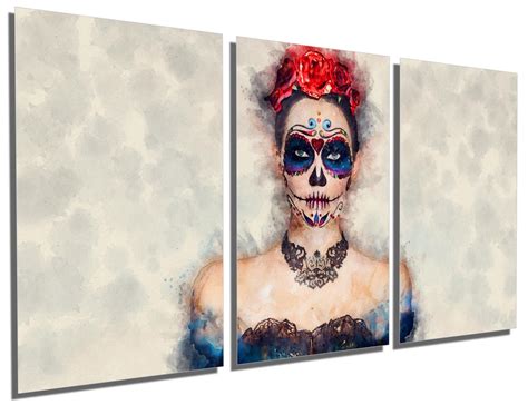 Sugar Skull Abstract Watercolor Wall Art Metal Print 3 Panel Split ...