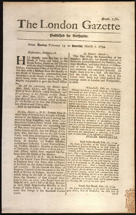 A February 25 - March 1, 1734 authentic newspaper. The London Gazette ...