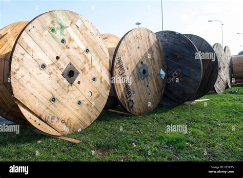 large wood spools for electric wire Stock Photo - Alamy