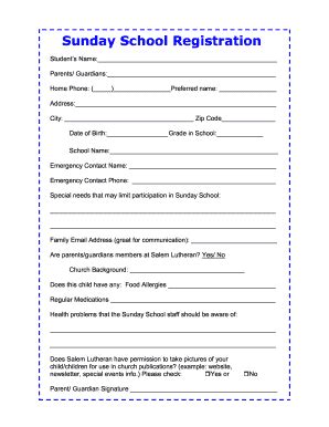 Sunday School Registration Form Template | Card Template