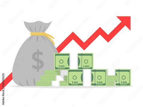 Profit money or budget vector illustration, flat cartoon pile of paper cash and rising graph ...