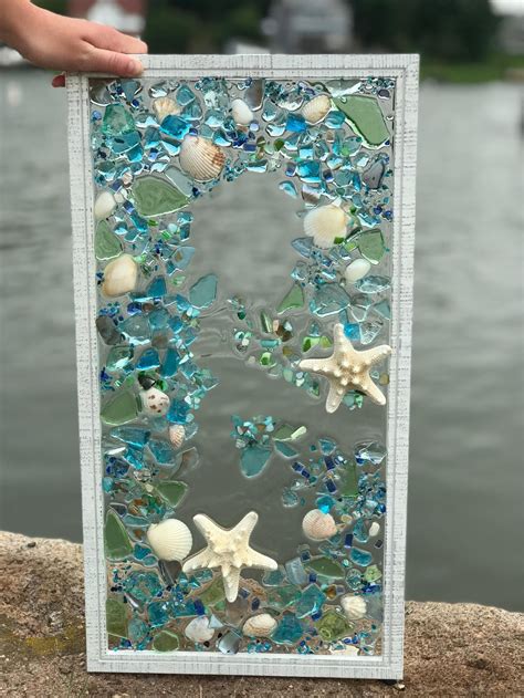 Beach Glass Coastal Window 21x 11, Mixed Media Sea Glass Mosaic, Glass ...