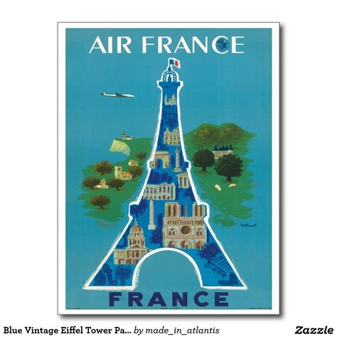 Blue Vintage Eiffel Tower Paris French Air Travel Postcard | Air france, France eiffel tower ...