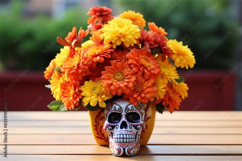 Aztec Marigold Flower Arrangement, Day of the Dead, symbols Generative AI Stock Illustration ...