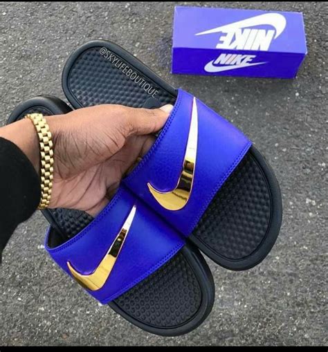 Blue Nike Benassi Swoosh Golden Check Slides