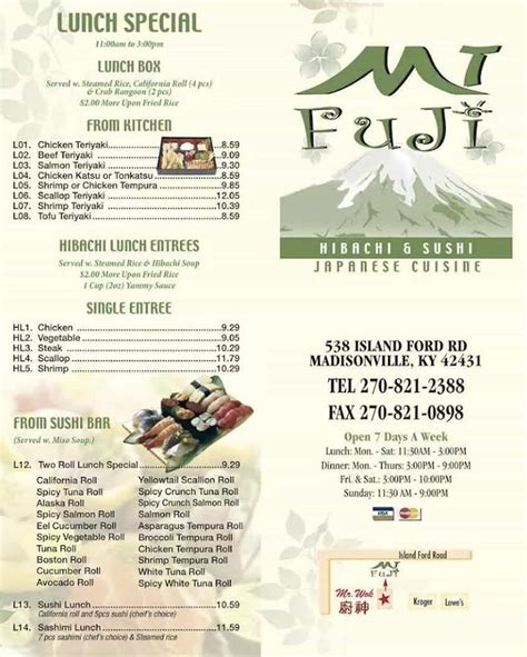 Menu at Mt Fuji restaurant, Madisonville