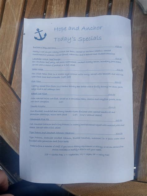 Menu at Hope & Anchor pub & bar, Tenby