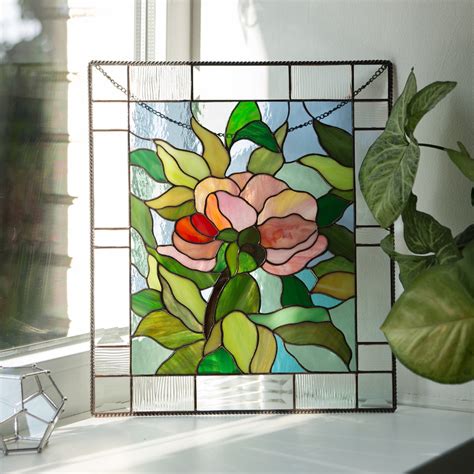 Peony flower stained glass window hanging panel – Glass Art Stories