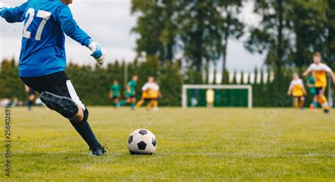 Soccer Football Goalkeeper Goal Kick. Goalie Kick on the Pitch During ...