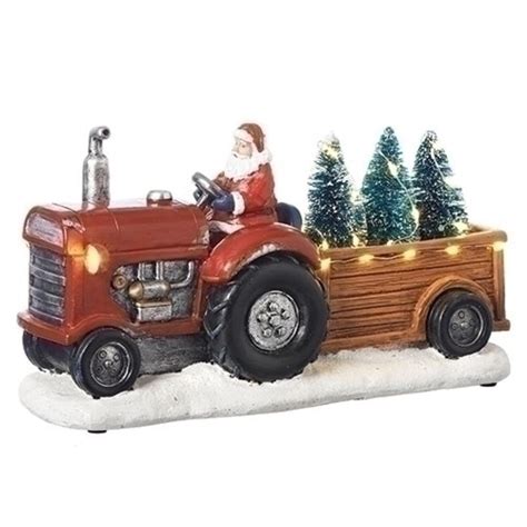 Set of 2 Musical LED Santa Claus Tractor Trailer and Trees Decorative Christmas Figurine 11.5 ...