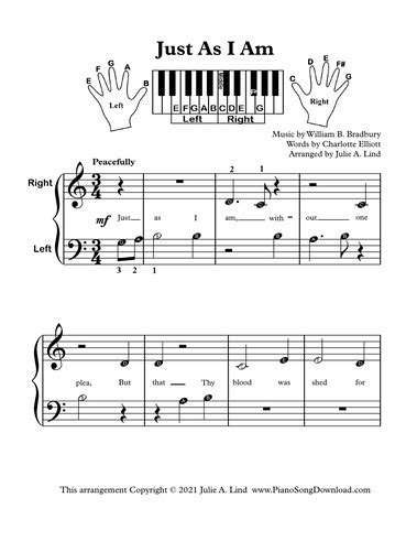 Just As I Am: easy piano with letters hymn arrangement