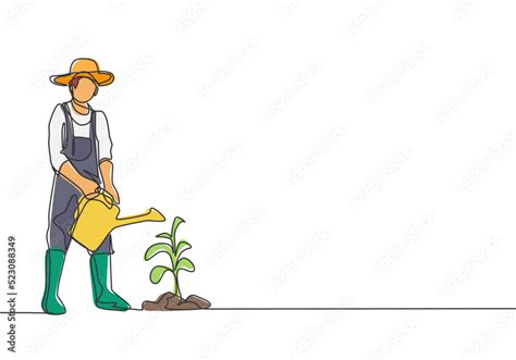 Single continuous line drawing young male farmer water the plants using ...