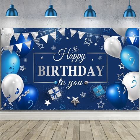 Buy Navy Blue Happy Birthday Backdrop Banner Blue Silver Birthday Party ...