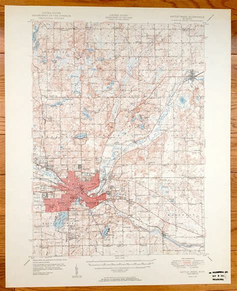 Antique Battle Creek, Michigan 1950 US Geological Survey Topographic Map Bellevue, Assyria ...