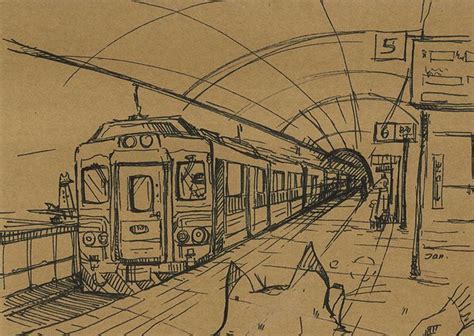 a drawing of a train pulling into a station