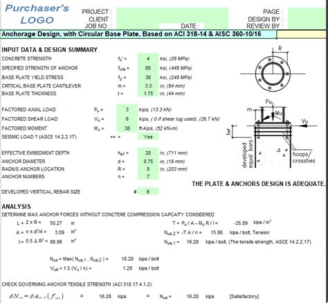 Anchorage Design, with Circular Base Plate Spreadsheet - Engineering Books