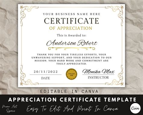 Certificate of Appreciation, Canva Template, Appreciation Award, Canva ...