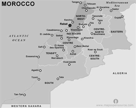 Free Morocco Provinces Map black and white | Black and white Provinces map of Morocco | Morocco ...