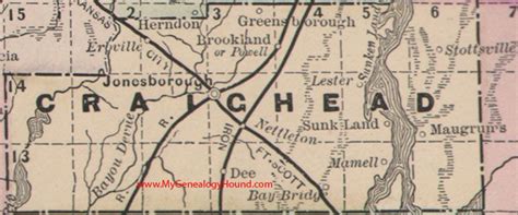 Craighead County, Arkansas Map 1889 Jonesborough Mamell, Lester, Dee, Brookland, Erbville ...