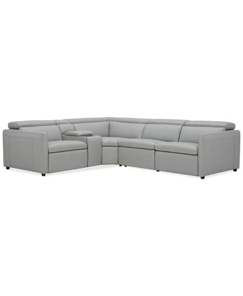 Furniture CLOSEOUT! Starlene 5-Pc. Leather L Sectional with 3 Power Recliners and 1 USB Console ...