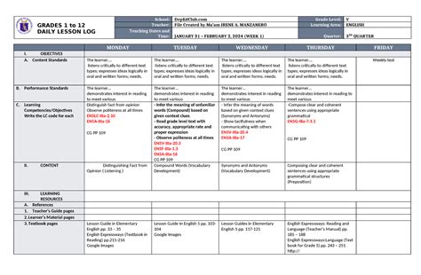 DLL English 5 Q3 W1 - GRADES 1 to 12 DAILY LESSON LOG School: DepEdClub Grade Level: V Teacher ...