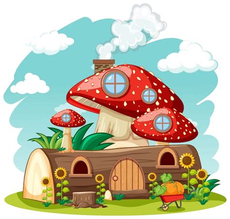 Free Vector | Timber mushroom house and in the garden cartoon style on ...