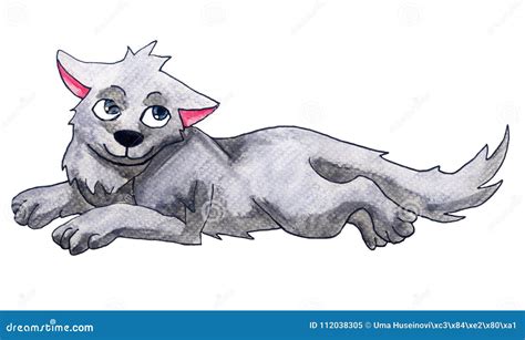 Watercolor Grey Wolf stock illustration. Illustration of tail - 112038305