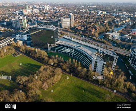 Aerial view of the GSK Head Office building in Brentford, West London ...