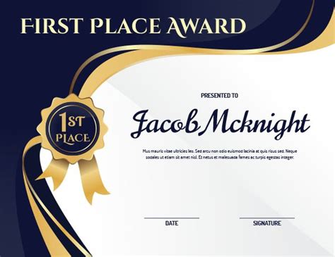 Quality First Place Award Certificate Template – Amazing Certificate ...