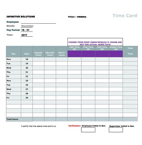 Timecard Template Printable | Woodard
