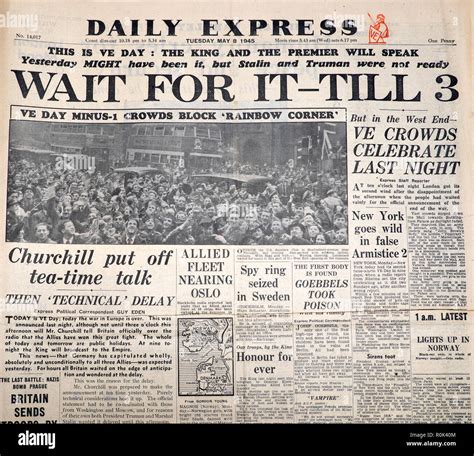 Second World War II newspaper front page " This is VE Day: The King and the Premier Will Speak ...