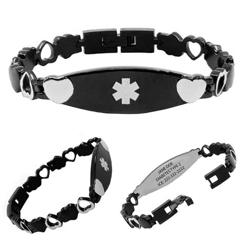 Medical Alert Bracelets for Women, Black and Silver Heart Jewelry: Includes Personalized ...