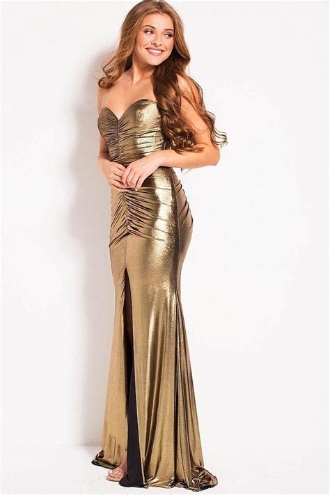 Jovani - 51552 Strapless Gold Metallic Ruched Fitted Dress | Gold ...