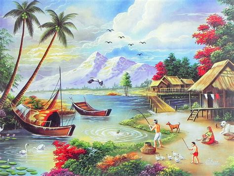 Village Scenery In Beautiful Landscape Painting - A Landscape