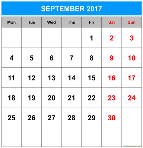 September 2017 Calendar - printable calendar template 2020 2021