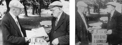 Fred Fleet (in glasses) selling newspapers; the left-hand picture is from "Titanic Voices."