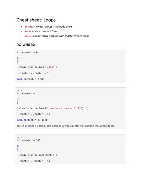 Loops cheatsheet - Cheat sheet: Loops do-while always process the body once for is a very - Studocu