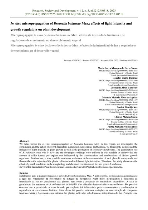 (PDF) In vitro micropropagation of Bromelia balansae Mez.: effects of light intensity and growth ...