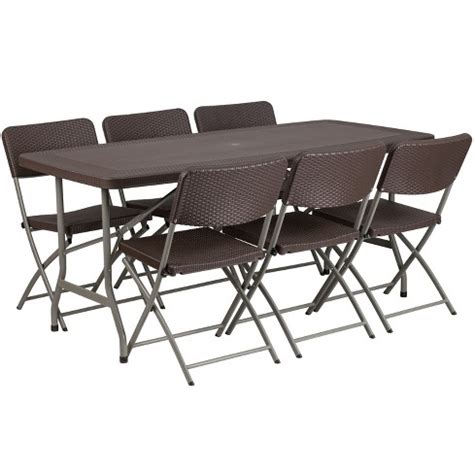 Flash Furniture 5.62-foot Brown Rattan Indoor-outdoor Plastic Folding Table Set With 6 Chairs ...
