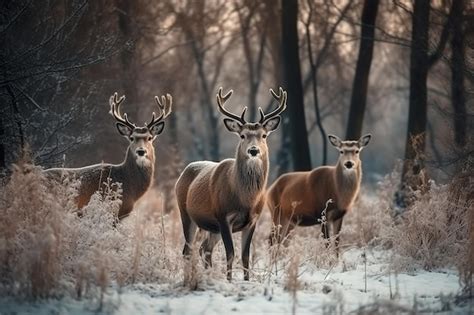 Premium AI Image | Proud Noble Deer family in winter snow forest