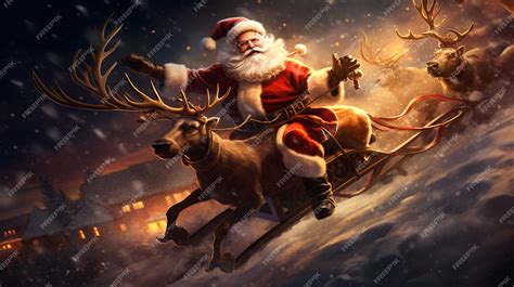 Premium AI Image | Santa Claus with flying reindeer