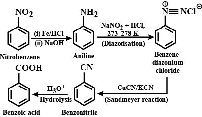 Accomplish the following conversion: Nitrobenzene to benzoic acid