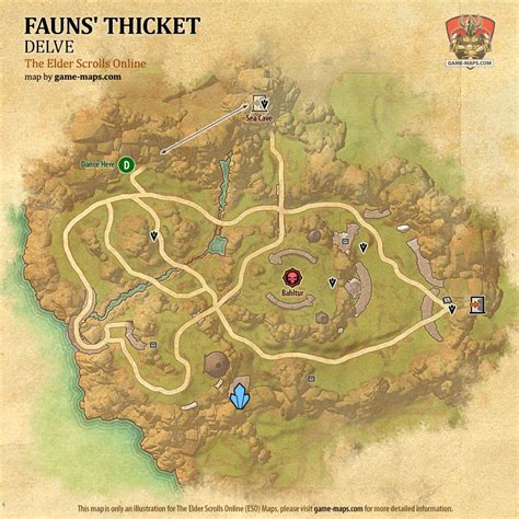 ESO Fauns' Thicket Delve Map with Skyshard and Boss location in Galen