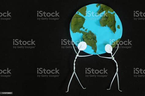 Two Human Stick Figure Man Carrying The Earth On Shoulders On Dark Black Background Save Planet ...