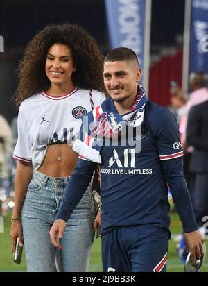 Marco Verratti of PSG and his wife Jessica Aidi following the Ligue 1 ...