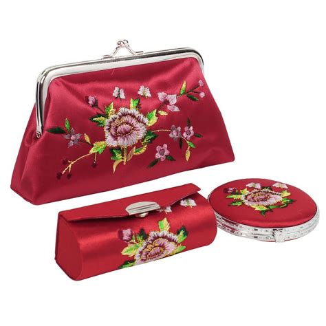 3 in 1 Flower Embroidered Wallet Lipstick Holder Case, Red-in Coin ...